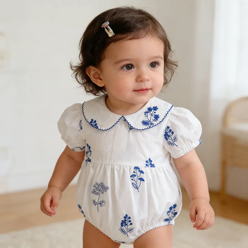 Girls Onesie 2026 Spring and Summer New Childrens Clothing Korean Style Girl Baby Elegant Embroidery Doll Collar Onesie