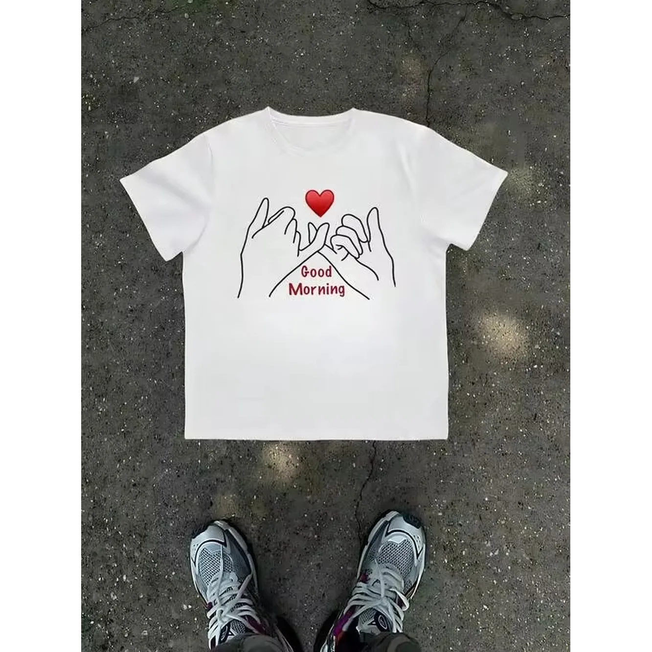 1Pcs Good Morning Hand Heart Print Men's T Shirt Promise Theme 100% Cotton TShirt Men's Summer Casual Tee Gift For Men Simple Style