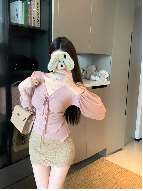 

Женская приталенная блузка во французском стиле с длинным рукавом и V-образным вырезом из сетки, весна 2026, новый дизайн, с эффектом утяжки талии