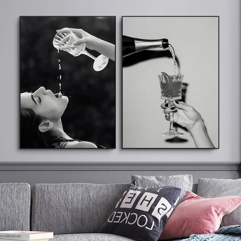 Modern Champagne Thirsty Women Poster Black and White Sexy Lady Bedroom Canvas Painting Bar Alcohol Wall Art Dinning Room Decor