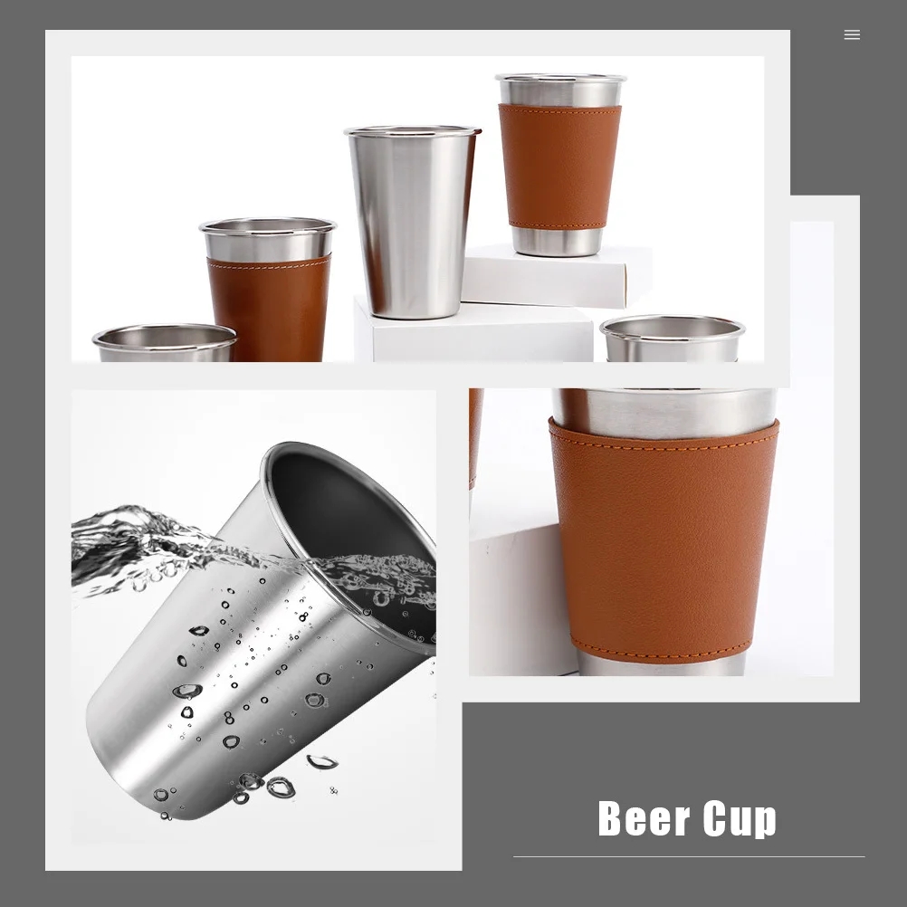 

2Pcs Stainless Steel Beer Cups with PU Cover Anti Scald Simple Design for Home Bar Party Use Housewarming Gift Metal