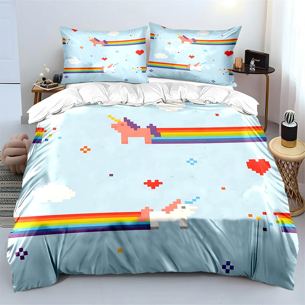 Pixel unicorns with rainbow backdrop Print Bedding Set 1 Duvet Cover 2 Pillowcases for Adult and Children Luxury Gift Full Size