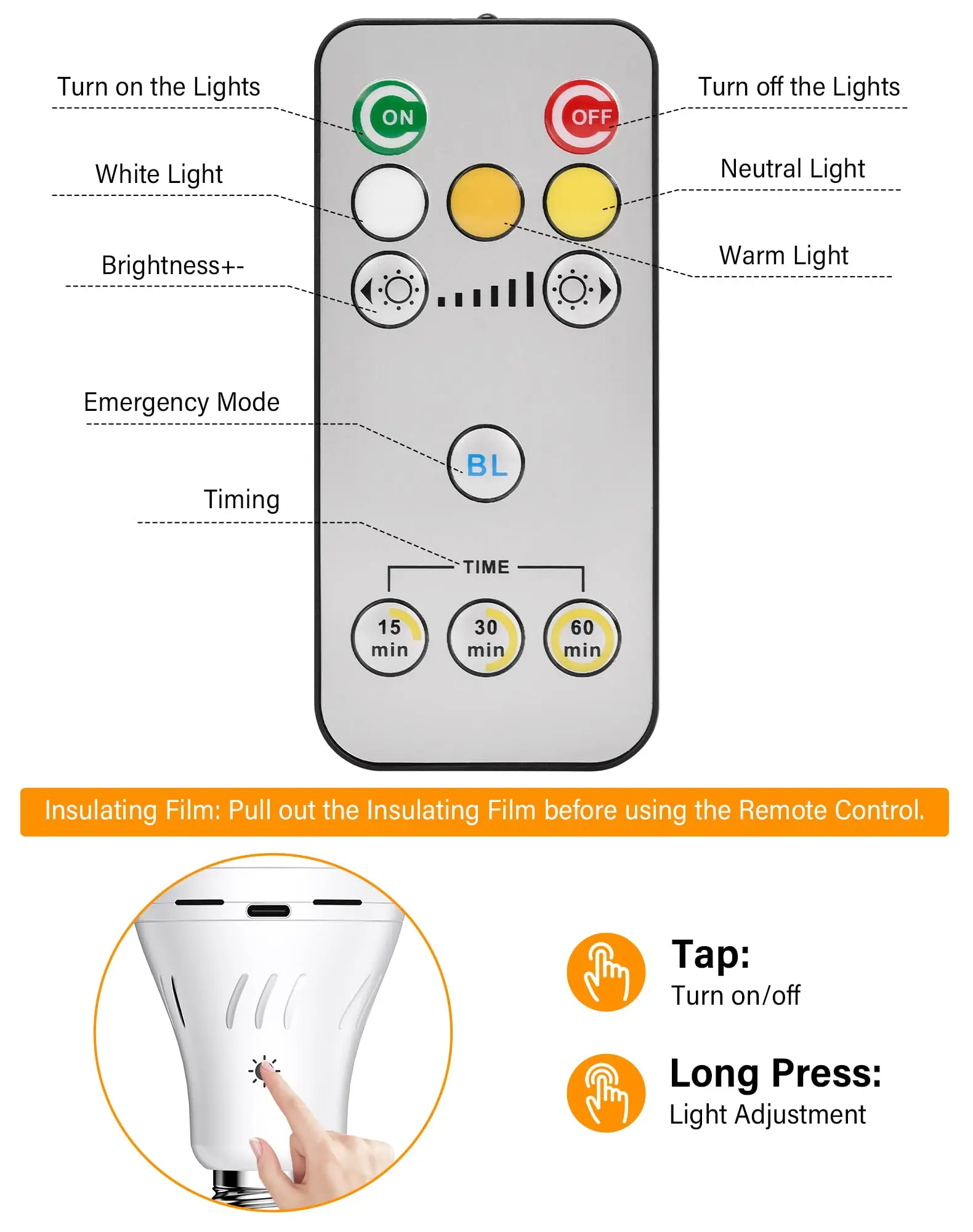 Rechargeable Bulbs Suitable for E27 with Remote Control 9 W Long Battery Life Adjustable Brightness White/Warm Light forCamping