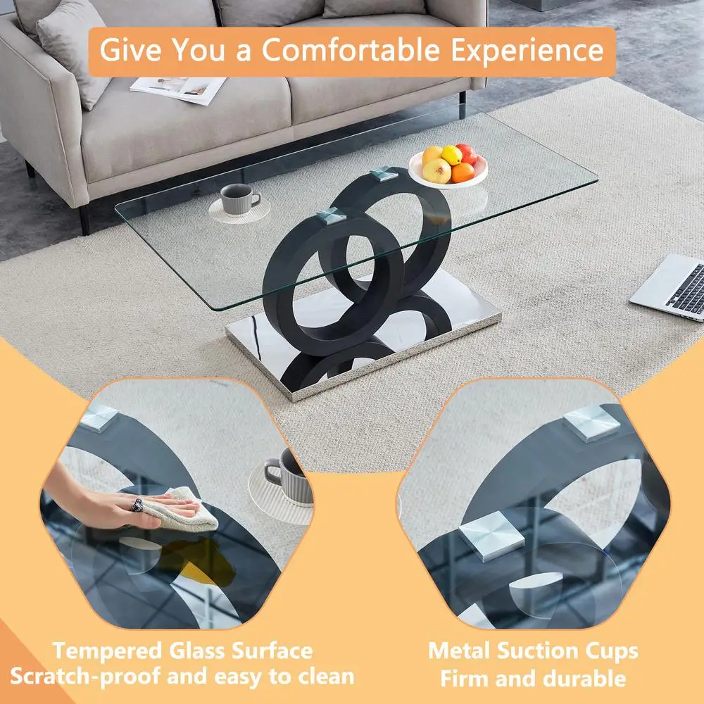 Современный журнальный столик из МДФ со стеклянной столешницей, черное основание, мебель для гостиной в минималистском стиле, 47,2x25,6x17,8 дюймов