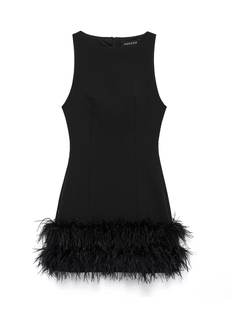 MUJER 2025 Feather Mini Dress Women Black Sleeveless Corset Dress Woman off Shoulder Party Dresses for Women Luksusowa krótka sukienka — zdjęcie 4