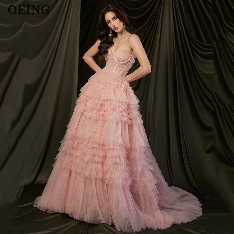 

OEING Elegant A-Line Prom Dress Princess Pink Beading Draped Tiered Floor Length Gala Party Puffy Dress vestidos Customized