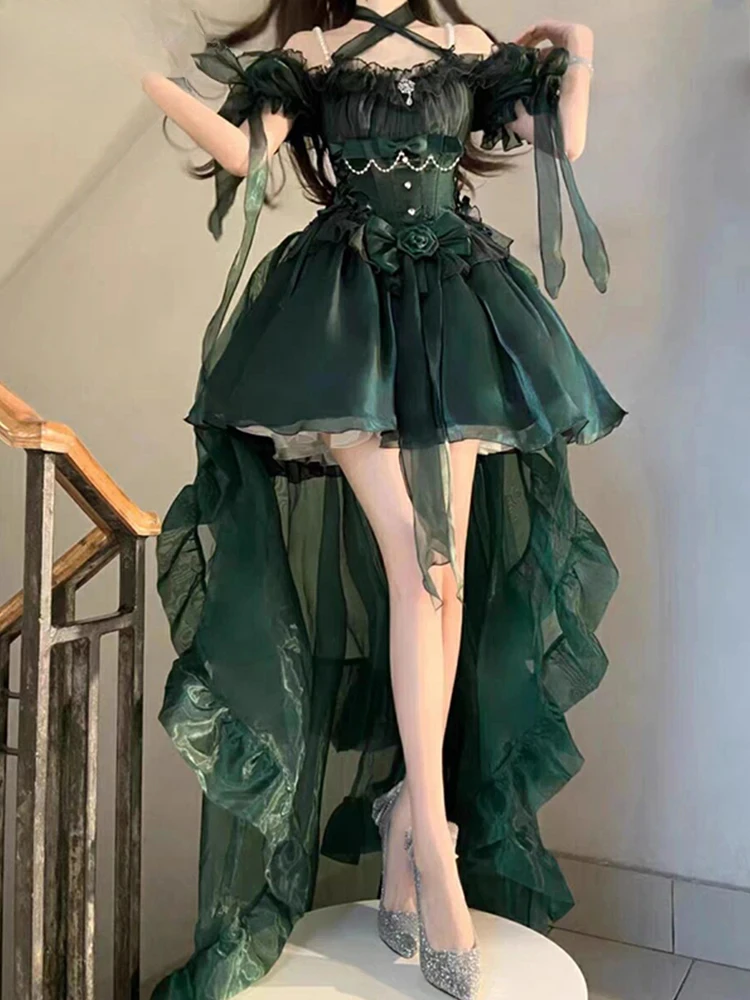 

Princess Party Dresses Sweet Girls Pearl Bow Women's Off Shoulder Lolita Suspender Fluffy Flower Wedding Halloween Dress