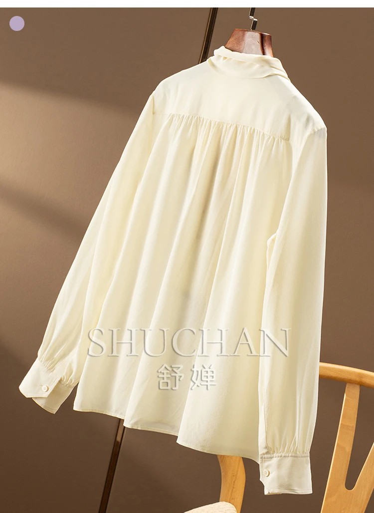 New Natural Silk Double Crepe Streamer Collar Long Sleeve Shirt Women 61C0 Women Tops Blusa Feminina