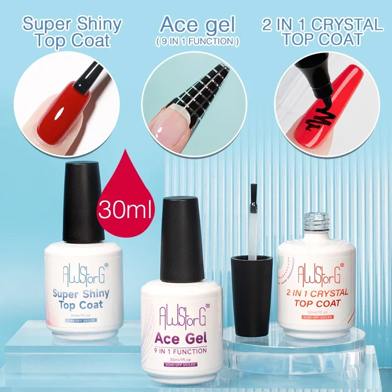 AWStorG 30ML Trasparente 9-in-1 Funzione Gel 2 IN 1 Top Coat in cristallo Semi Permanente Nail Art Gel Vernice Spessore Base Gel