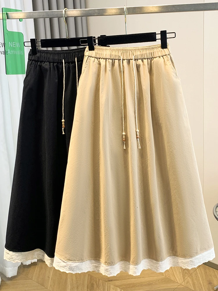 

Slimming A-Line Midi Skirt with Lace Trim Patchwork Design for Women Spring Autumn plus Size Elastic Waist Wide Hem Umbrella ...