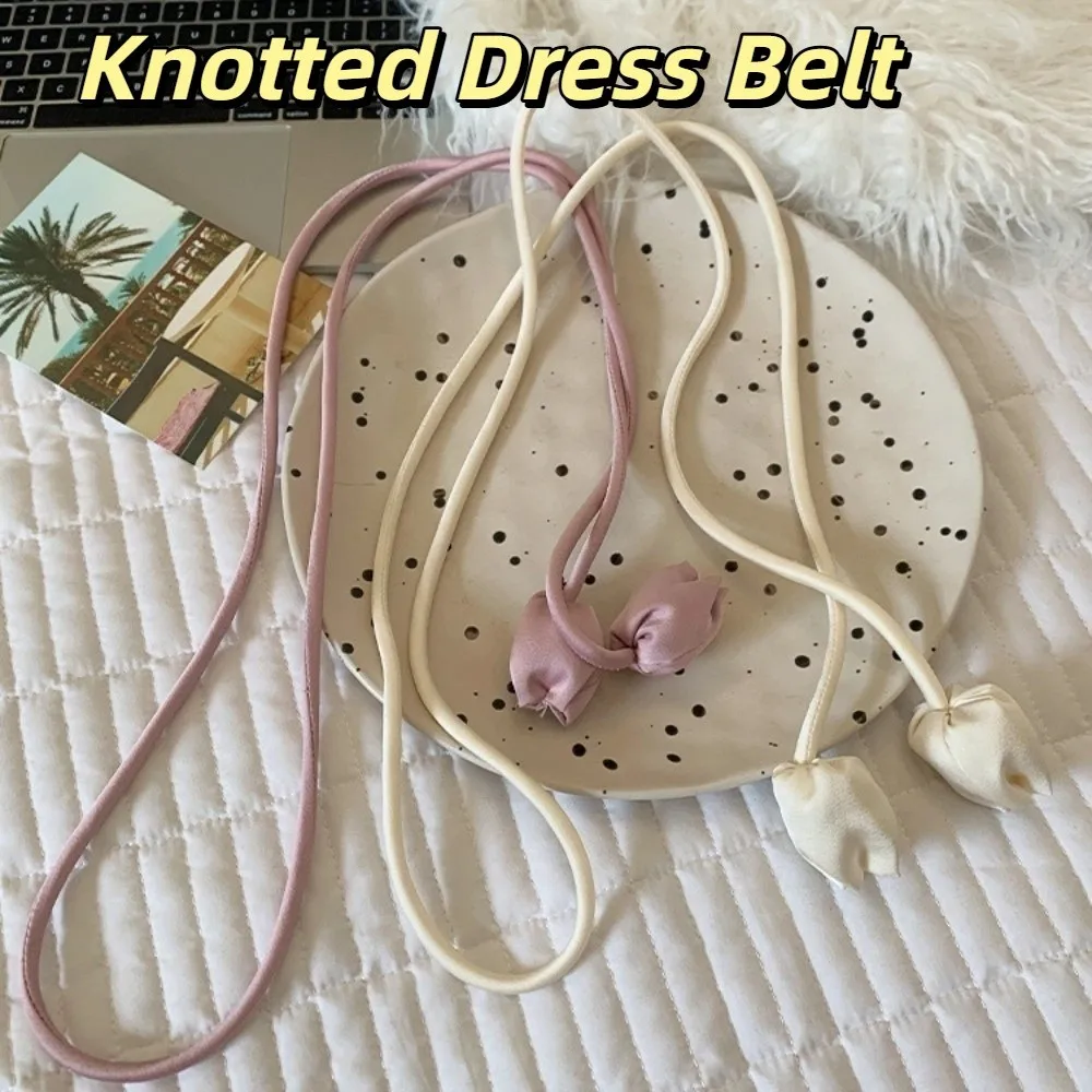 

Elegant PU Leather Tulip String Waistband Round Shape Thin Knotted Dress Belt Long Strap Flower Waist Rope Sweater Strap