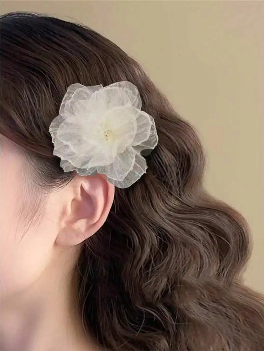 

2pcs Womens White Mesh Flower Hair Clips Boho Style Barrettes For Daily Wear