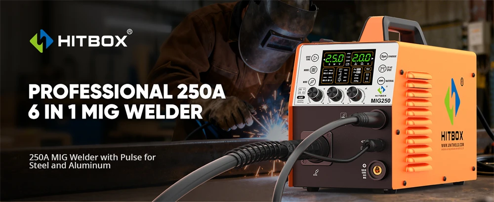 HITBOX MIG250 Aluminium-Puls-MIG-Schweißgerät 220V 250 Ampere 6-in-1 ARC MMA Stick Gas/Gaslos MIG Lift TIG Spool Gun IGBT Inverter-Schweißmaschine Großes intelligentes Digitaldisplay 2T/4T Spot Multi-Prozess-Synergisch-Schweißgerät – Detail 1