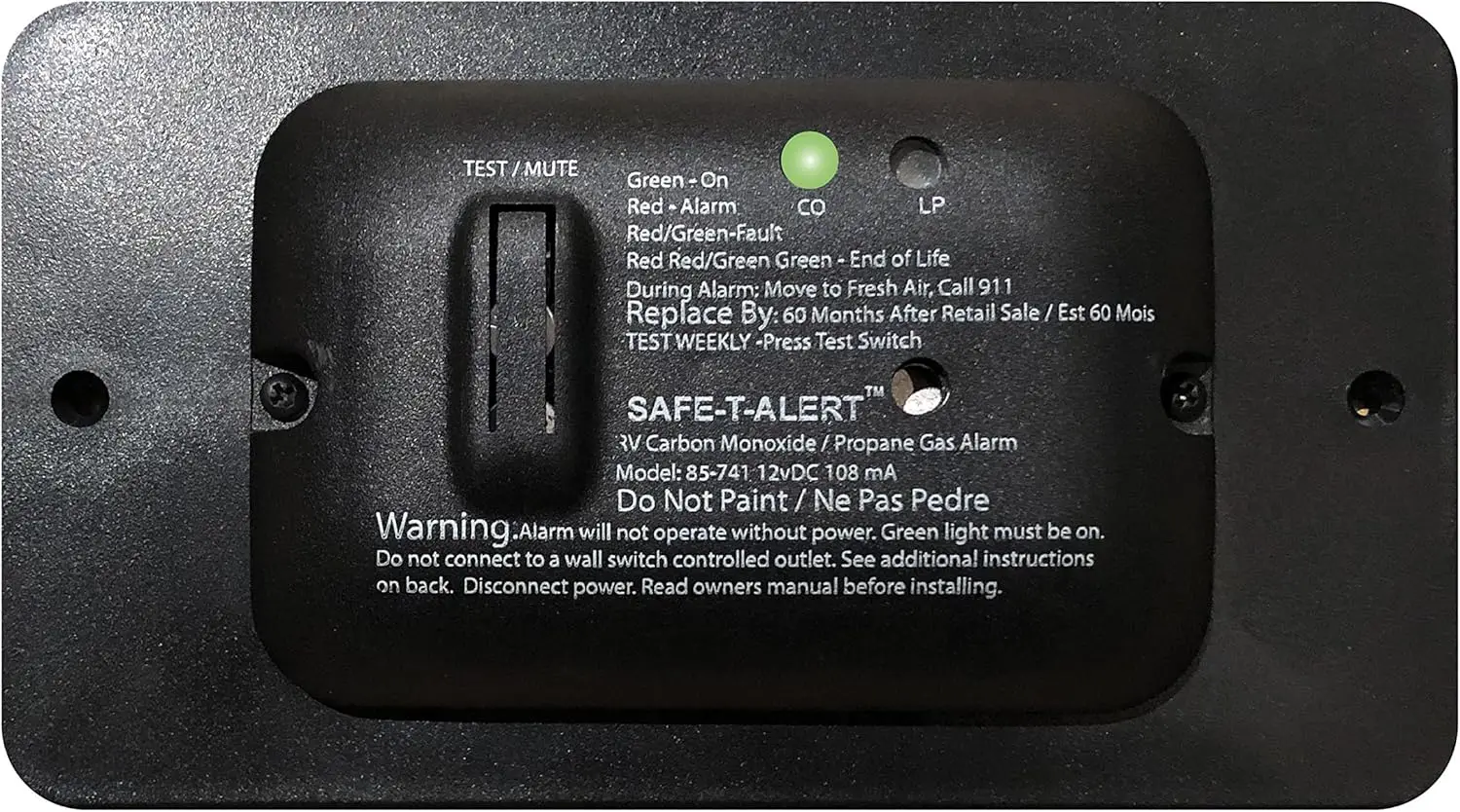 

12V Carbon Monoxide & Propane Gas Alarm for RVs - Black, Low Profile Design