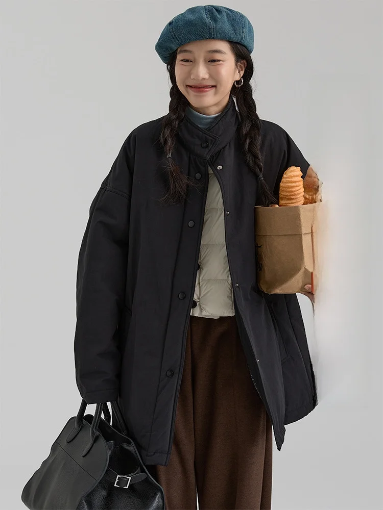

Women's Cotton Jaet Stand Collar Medium Length Windproof Bread Sle Coat Warm Winter New Arrival Korean Version Straight Cut