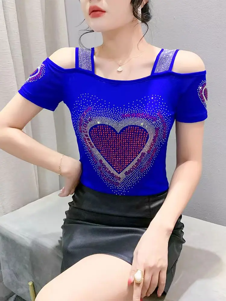 2025 Summer Fashion T-Shirts Women Off-Shoulder Short Sleeve Double Layer Mesh Tops Printed Diamonds Heart Sweet Tshirt For Girl