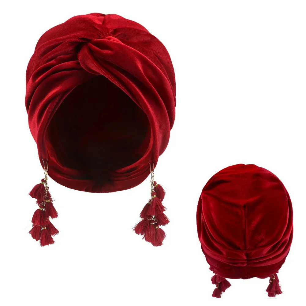 

Casual Breathable Turban Hat Bohemian with Tassels Headwear Cap Bandanas Elastic Headscarf Women