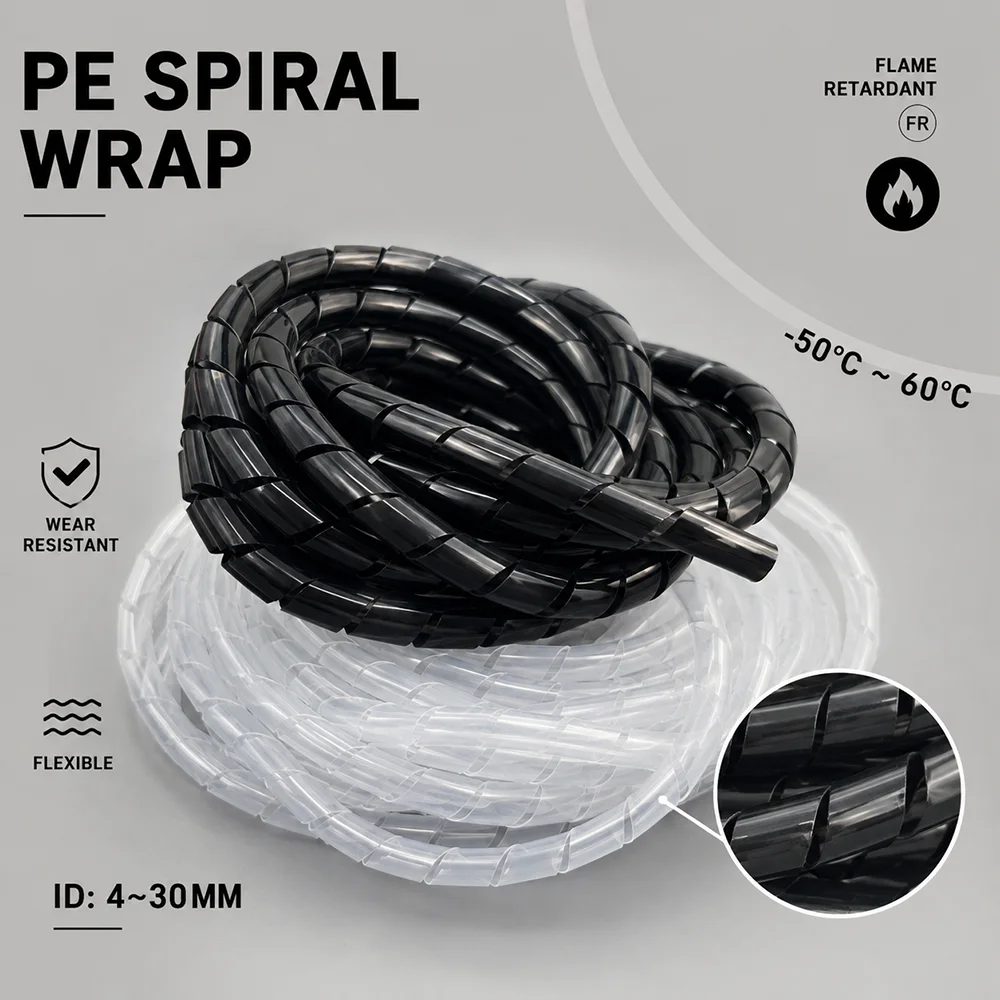 A package of black/white PE Spiral ID4~30MM Wear resistant/corrosive/insulated/wire harness storage insulated conduit