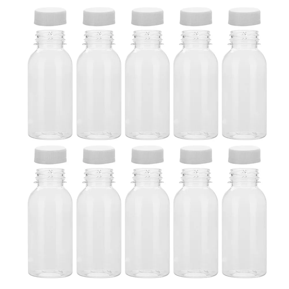 

10 шт. прозрачных пластиковых бутылок для сока объемом 200 мл с крышками для молока, холодных напитков, смузи, многоразовые