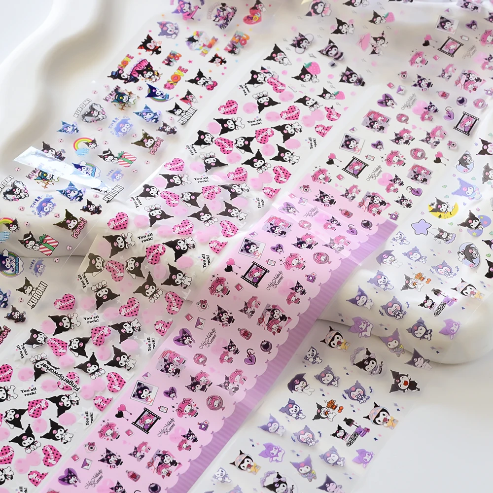 10Rolls/Box3D 혼합 HelloKitty Kuromi 네일 호일 스티커 Kawaii 다채로운 키티 네일 데칼 만화 블랙 퍼플 Kuromi 네일 슬라이더