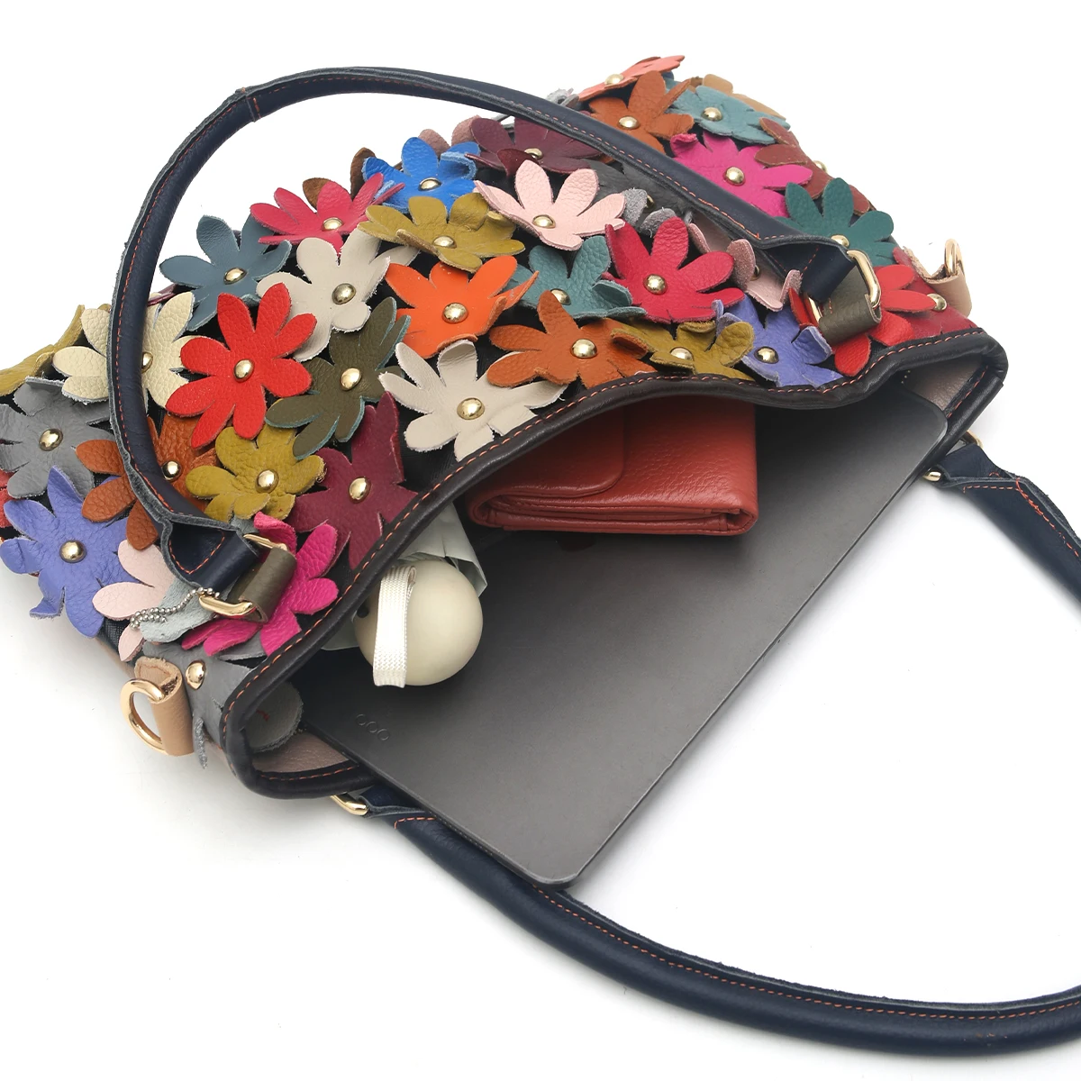 Multi Color Genuine Leather Flowers Applique Handbag Women Retro Casual Cowhide Patchwork Daily Big Tote Shoulder Cross body Bag