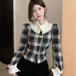 Retro Plaid Shirt with Doll Collar Sweet Long Sleeved French Style Niche Short Versatile Jacket Women's Top