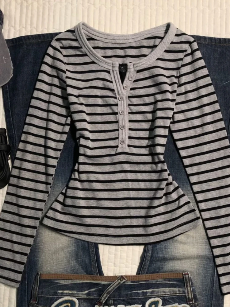 HOUZHOU 빈티지 스트라이프 티셔츠 고딕 하라주쿠 일본 스타일 긴팔 티셔츠 그런지 패션 슬림업 티셔츠 스트리트웨어