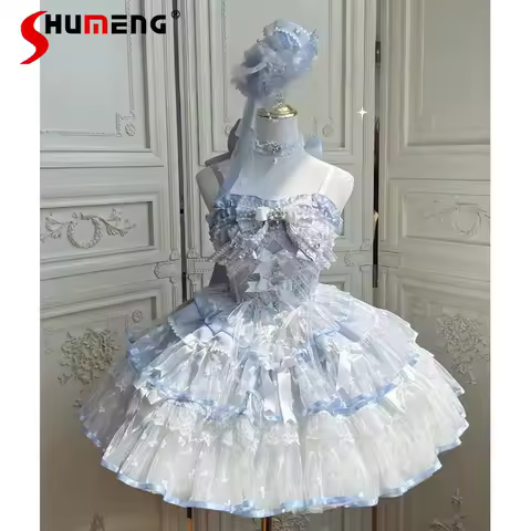 Blue Ballet Style Lolita Dress JSK Bow Lace Stitching Girl's Slim Elegant Evening Dress Suspender Dresses for Women Summer New