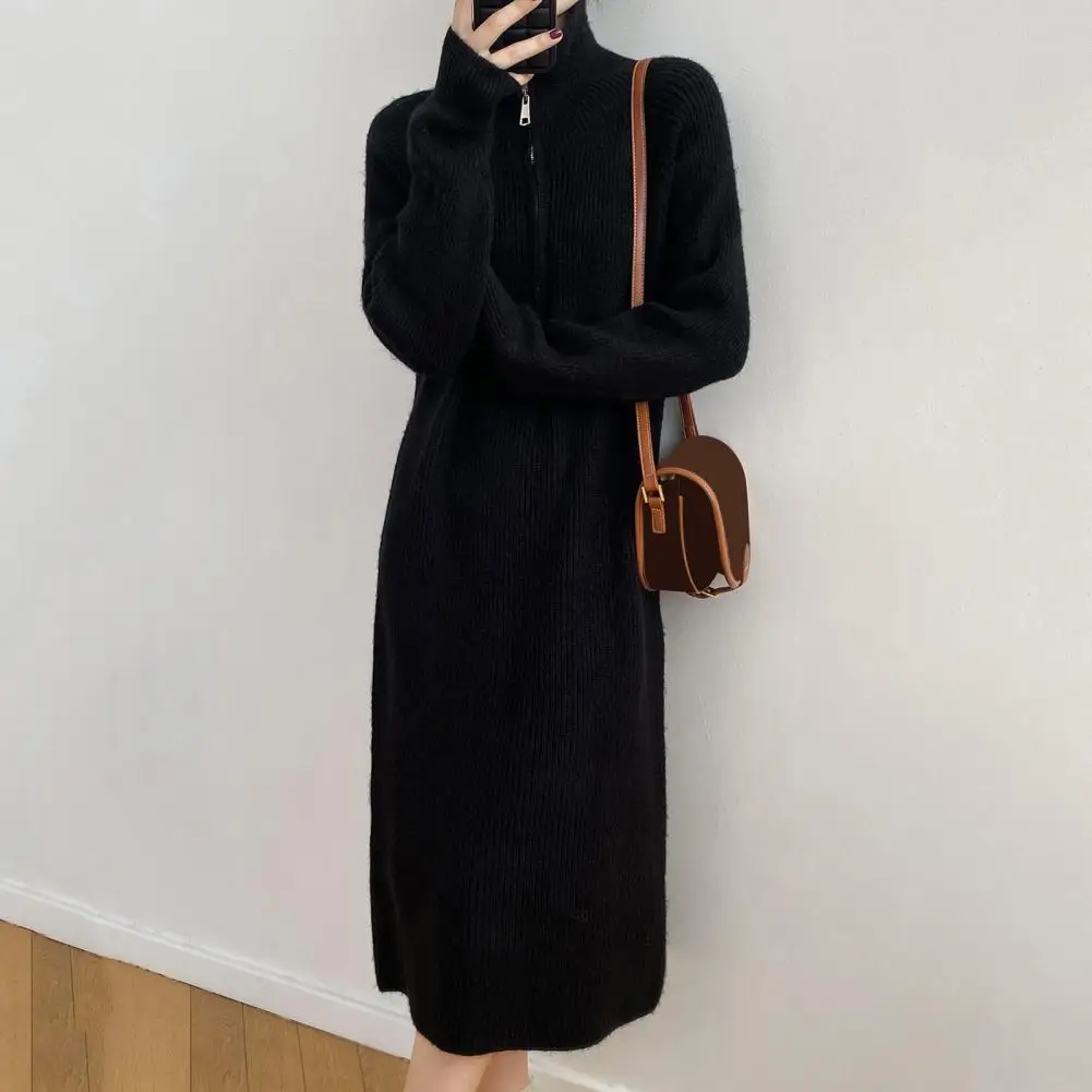 Winter Sweater Dress Zippered Turn-down Collar Long Sleeves Loose Knitted Pure Color Striped Midi Dress