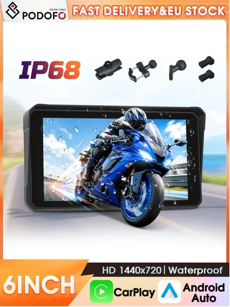 Podofo 6 Zoll IP68 Wasserdichter tragbarer Touchscreen-Auto-Multimedia-Player, kabelloses Carplay, Android Auto, intelligenter Audio-Player, unterstützt Bluetooth, Freisprechfunktion,