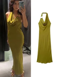 TRAF 2024 Summer Women Solid Halter Midi Dress Elegant Backless Pile Collar Sleeveless Party Dress Sexy Ladies Beach Style Dress