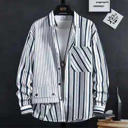 Camisa listrada de botão com gola virada para baixo masculina, roupa fina, primavera, verão, outono, casual, bolso bonito, moda masculina