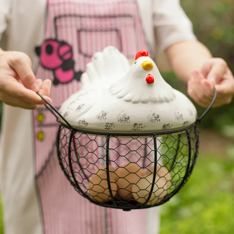 Nordic Hen Storage Basket with Lid Ceramic Metal Wrought Iron Egg Kitchen Debris Container Potato Garlic Baskets