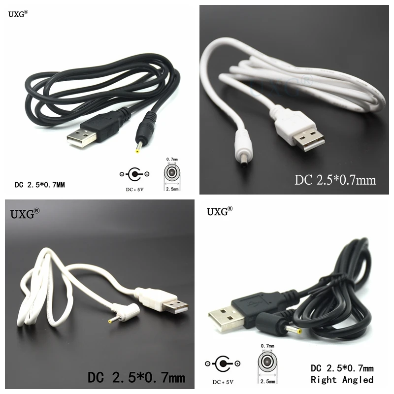 Black & White DC Elbow Power Cable Plug USB To DC 2.5*0.7mm 2.5x0.7 Mm Jack Right Angle L Shape Charging Cable 0.3M 2M1M