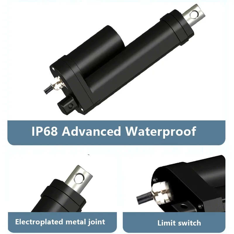 Atuador elétrico industrial à prova d'água ip68, haste de pressão silenciosa preta, interruptor de limite embutido de alta precisão, motor dc 12v/24v 1200n