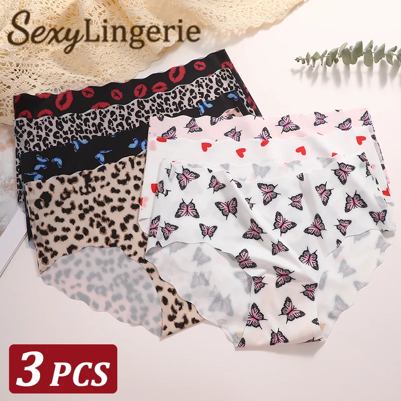 3Pcs Seamless Women\'s Panties Sexy Butterfly Flower Briefs Fashion Leopard Bikini Female Comfortable Ice Silk Lingerie S-XXL