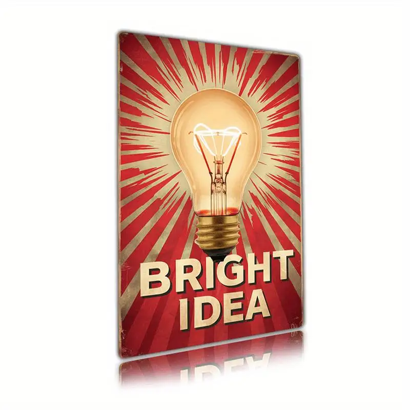Arte de Pared Metálico de Inspiración Vintage - Diseño de Bombilla 'Bright Idea', Decoración Estilo Cómic Retro, Letrero Colgante de Hierro para Decoración del Hogar