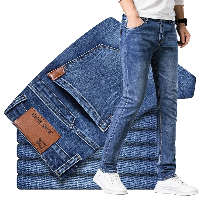 

Новинка 2023 года, мужские эластичные тонкие прямые джинсы, осенние потертые джинсовые брюки, корейские модные уличные байкерские повседневные мужские брюки