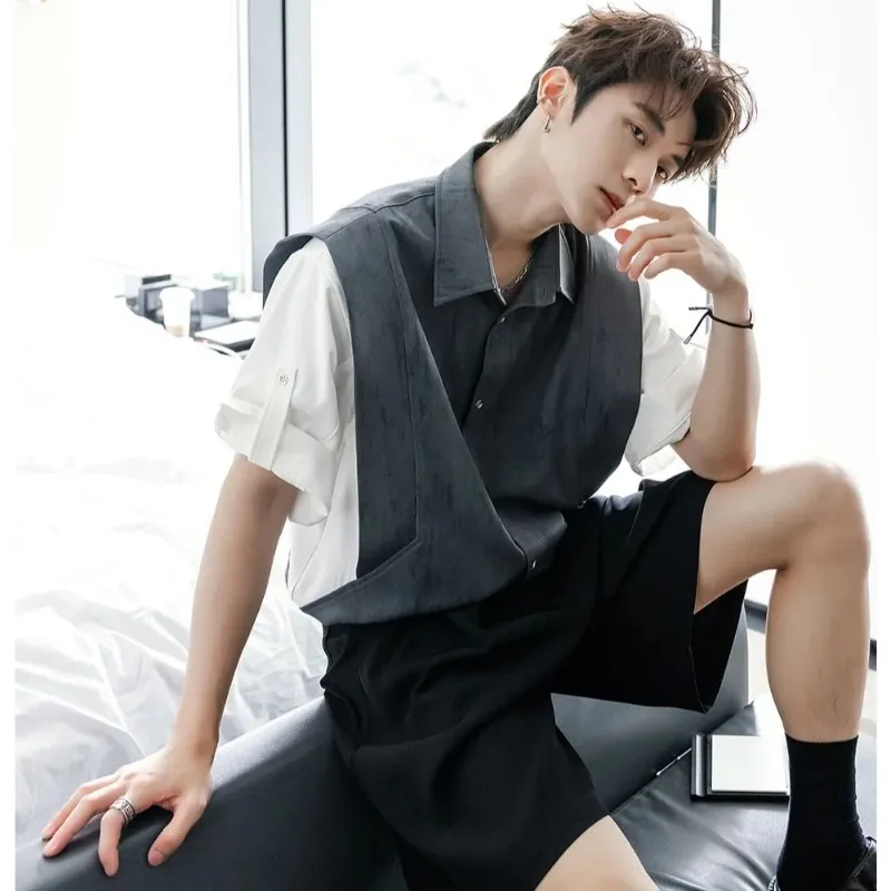 

Summer Men's Two-Tone Short Sleeve Shirt Loose Fit Casual Button-Down Blouse