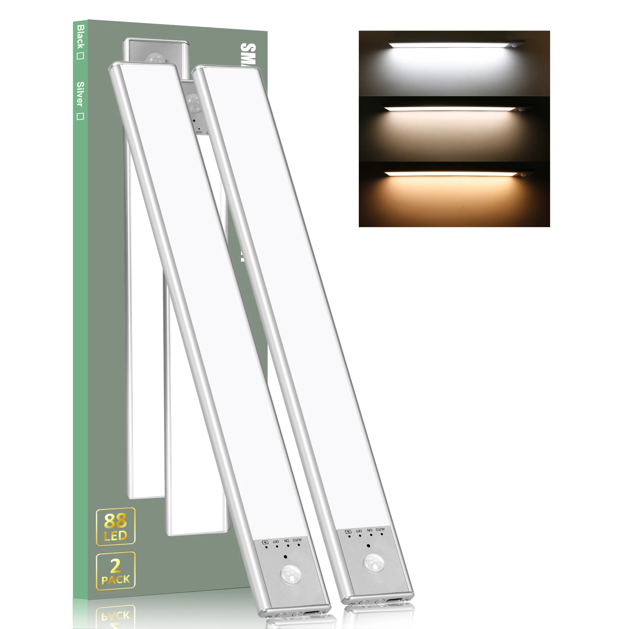 Lumière d'armoire LED aste par USB, détecteur de mouvement, 3 couleurs en une, lampe pour cuisine, armoire, éclairage intérieur, paquet de 2