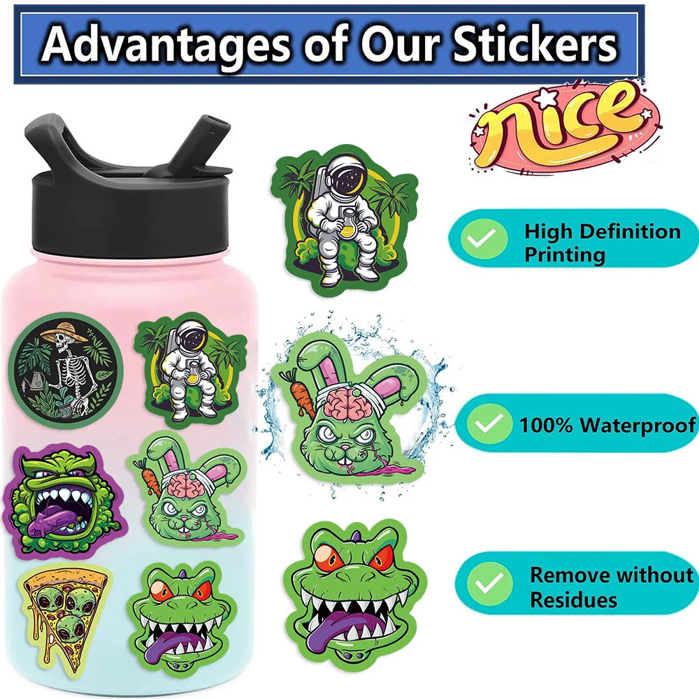 50pcs Green Skull Graffiti Stickers Flower Waterproof DIY For Water Bottle Laptop Phone Skateboard For Adults Teens Sticker﻿