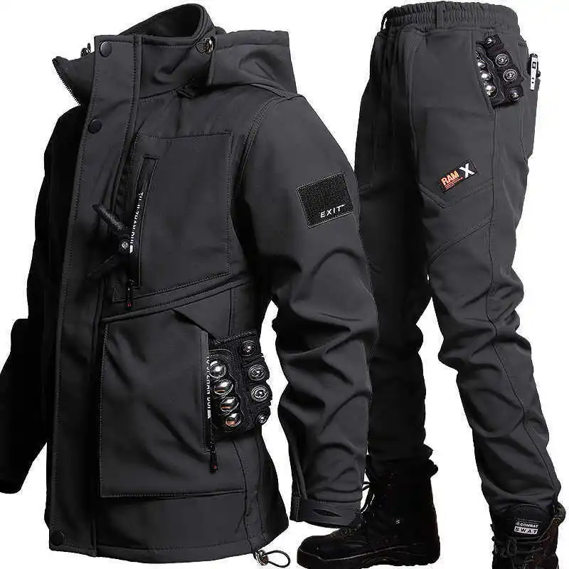 Tactical Waterproof Men Camo Set Soft Shell Fleece Winter Combat Suit Windbreak Warm Multi Pocket Outdoors Training Uniform