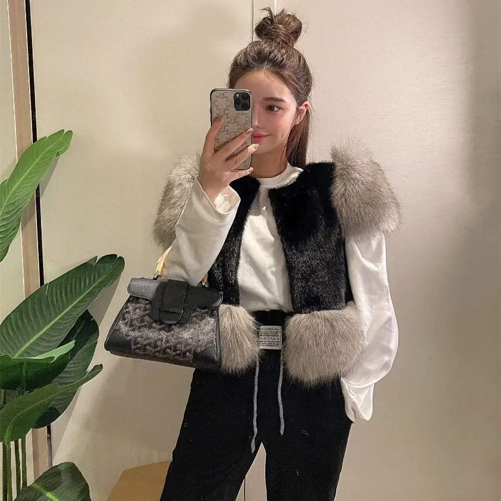 Sansan South korea Dongdaemun Retro Furry Fur Vest Single-Breasted Patchwork Heavy Industry Imitation Fox Fur Outerwear