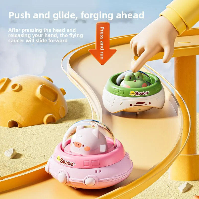 Coche de juguete de aprendizaje temprano para niños pequeños, coche con platillo volador Press-and-Go con mecanismo de retorno alimentado por inercia, regalo de educación temprana