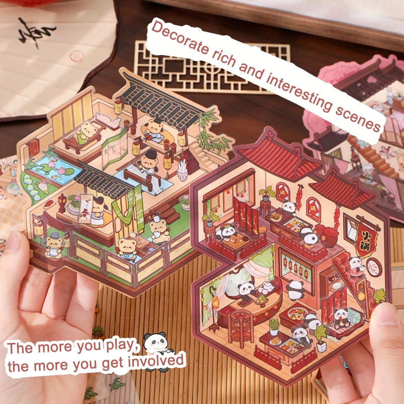 Cartoon Chinatown DIY Sticker Playable Sticker Pocket Cabin Scene Stacking Pasting Festival Birthday Gift for Kid Child