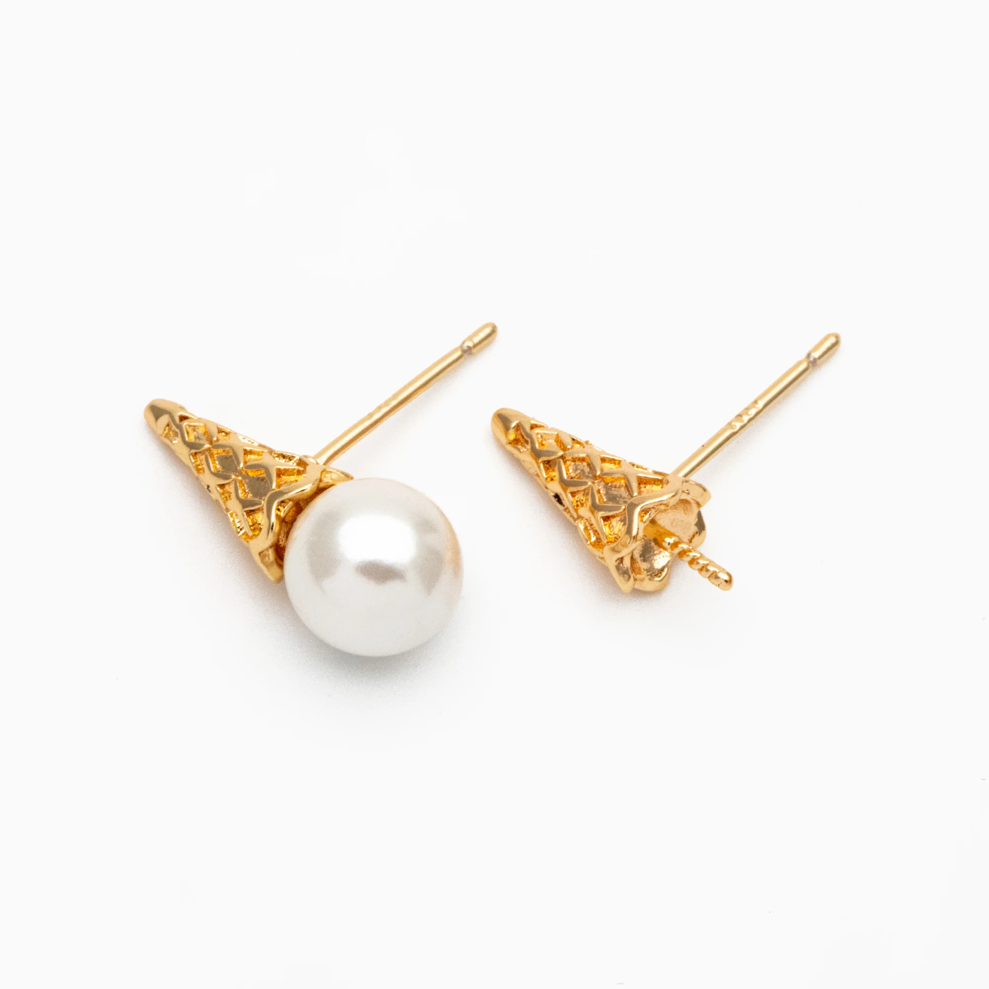 10pcs Gold Ice Cream Earring, Cone Stud Earrings, Pearl Peg Earring Mounts, Half Drilled Pearl Earring Settings (#GB-4191)