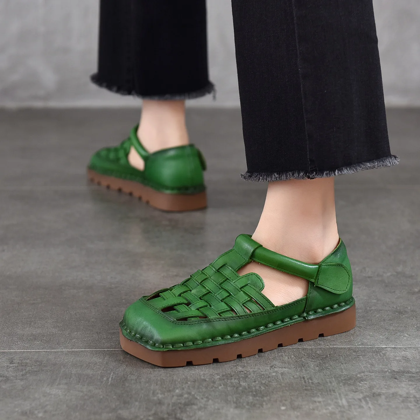 Birkuir Retro Square Toe Weave Sandals For Women Hook Loop Flat Heel Hollow Out Beach Slides Genuine Leather Soft Soles Sandals