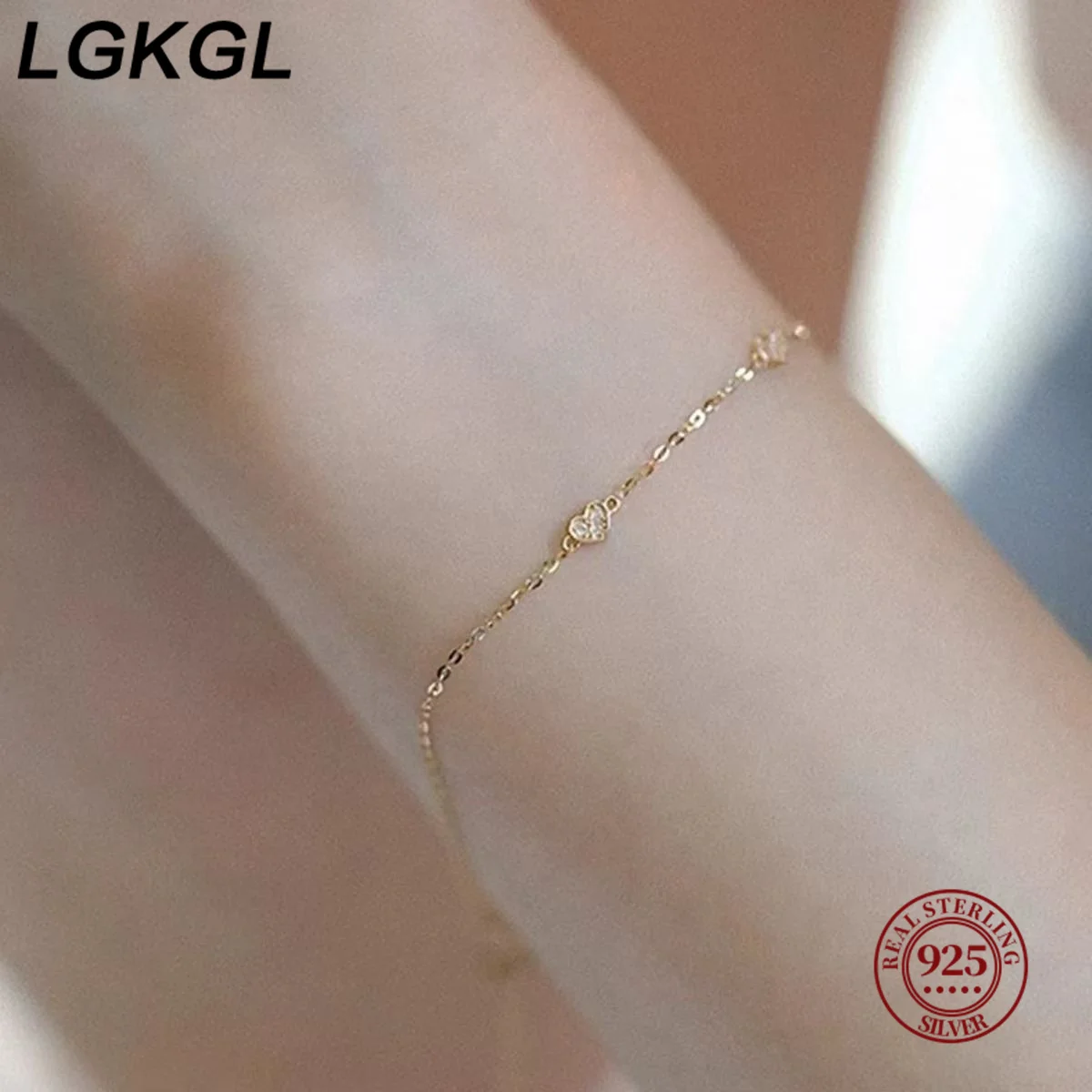 LGKGL S925 Silver Plated 14K Gold Ultra-Shiny Thin Bracelet Women's Three Small Heart Simple Versatile INS Fresh Gift