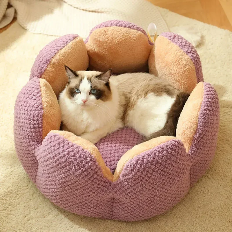 Cat Bed Petal-shaped Dog Beds Kennel Winter Warm Kitten House Soft Plush Round Basket Fluffy Puppy Cushion Mat Pet Suppiles