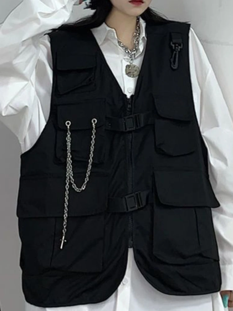 Women Black Cargo Vests Multi-pockets Techwear BF College Sleeveless Jacket Baggy Stylish Hip Hop Teens Harajuku Street Wear